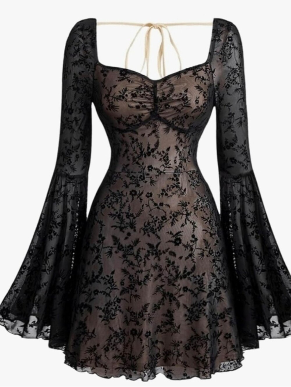 NWT Women's Floral Jacquard Mesh Gothic Bell Long Sleeve A Line Vintage Dress